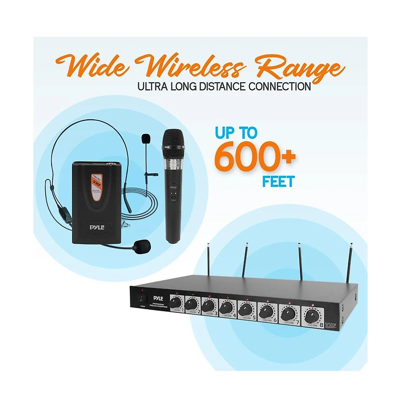 Pyle 8-Channel Wireless Microphone System with 4 Lavalier Mics, 4 Headsets, & 4 Handheld Mics