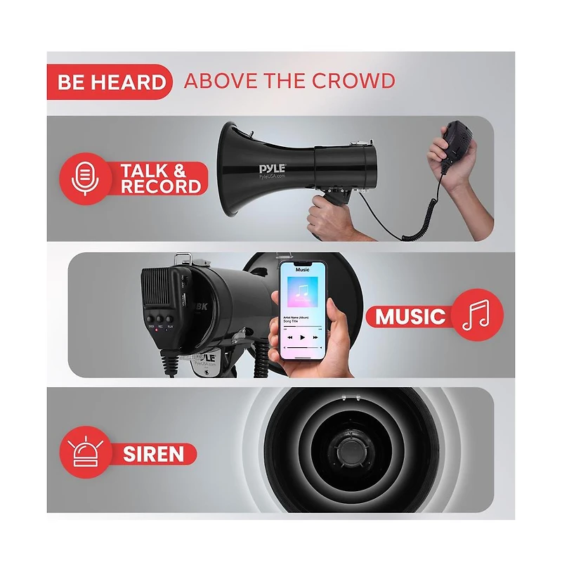Pyle 50-Watt Portable Megaphone with Siren, MP3 Input, Automatic Siren, Shoulder Strap, Lightweight