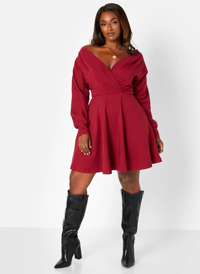 Msgd Women's Burgundy Off-The-Shoulder Mini Skater Dress with Pockets