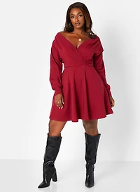 Msgd Women's Burgundy Off-The-Shoulder Mini Skater Dress with Pockets