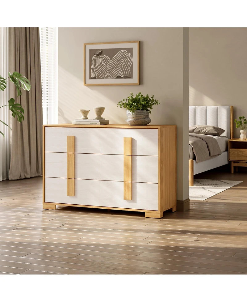 LuxenHome Natural and White 47.2-Inch Wide 6-Drawer Dresser
