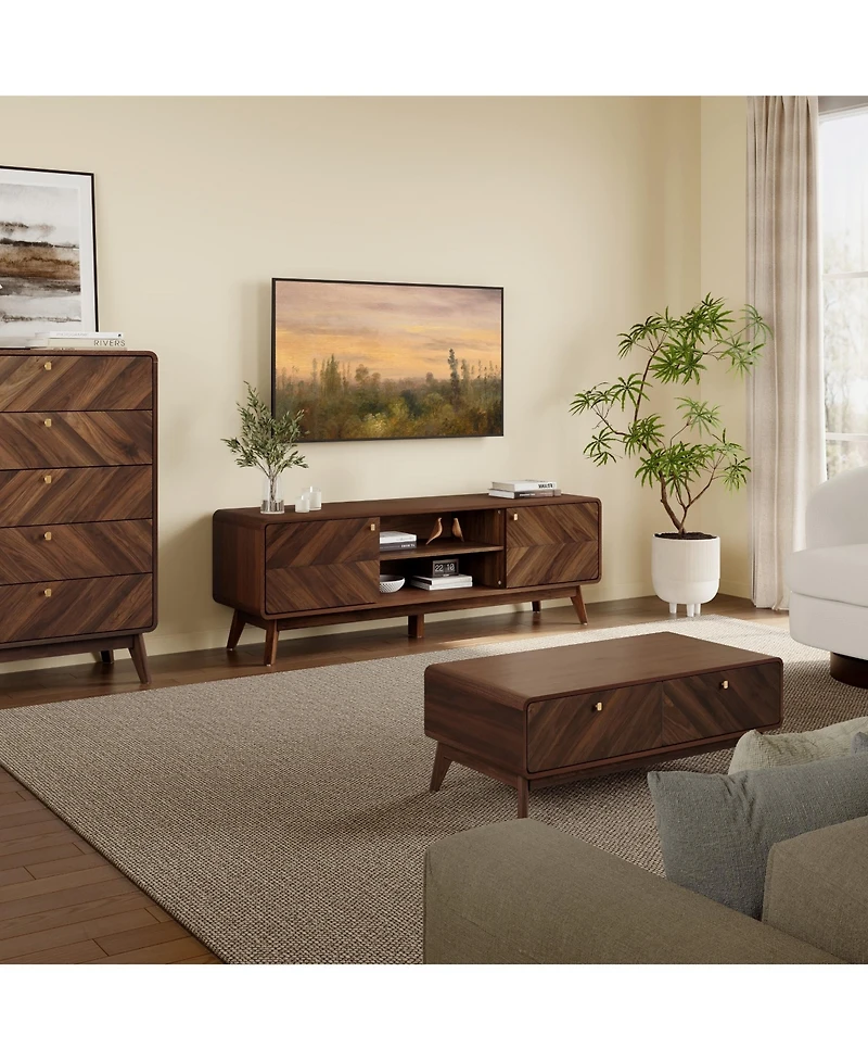 LuxenHome Columbia Engineered Wood 63-Inch Wide Credenza Tv Stand with Storage