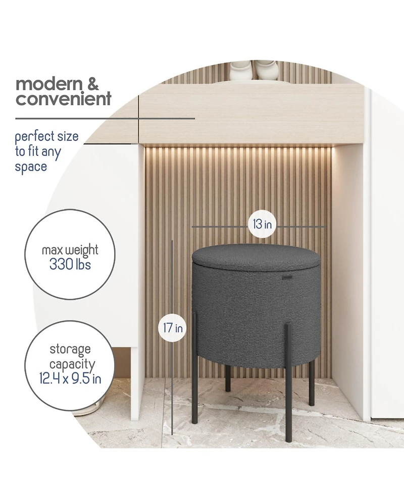 Boucle Round Ottoman with Hidden Storage – Modern Foot Stool, Makeup Vanity Small Rest, Perfect for Living Room & Bedroom D