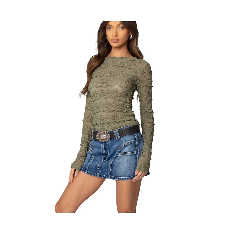 Edikted Womens Daisey Textured Sheer Lace Top