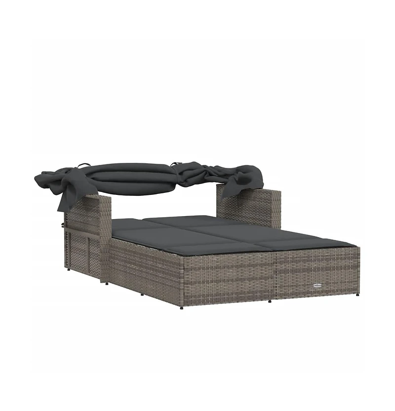 vidaXL Double Sun Lounger with Canopy and Cushions Gray Poly Rattan