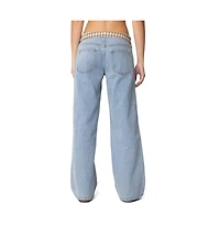Edikted Womens Peekaboo Plaid Low Rise Jeans