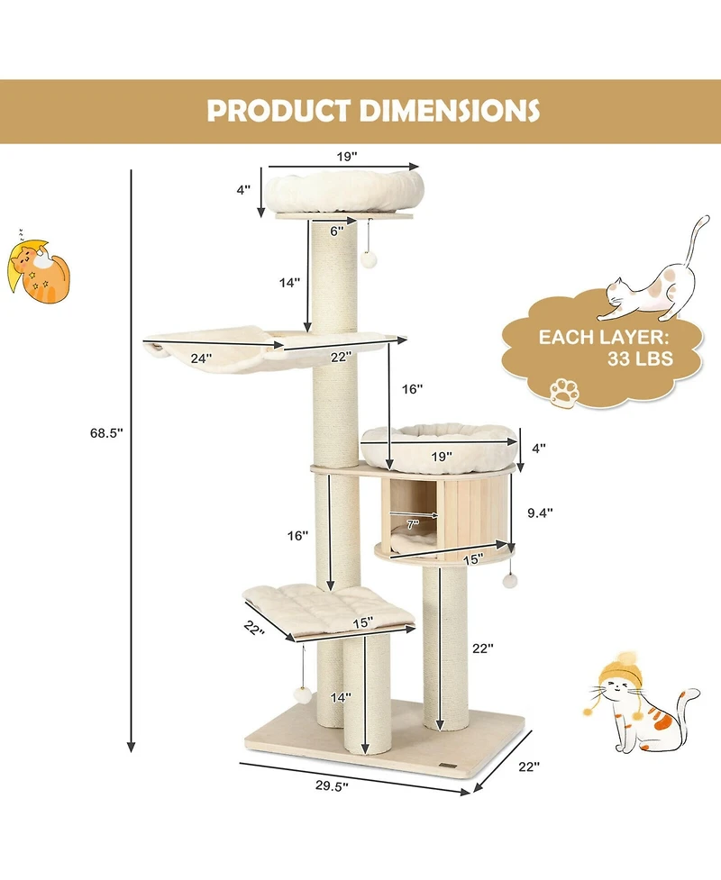 Gymax 68.5'' Cat Tree Condo 4-Layer Wooden Kitten Activity Tower w/ Sisal Posts