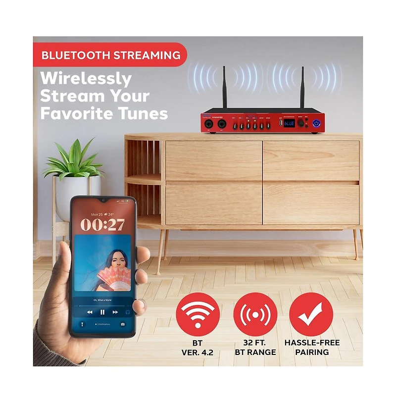 Pyle Uhf Wireless Microphone System with Bluetooth - Dual Channel, 2 Handheld Mics, Portable Mixer, Red