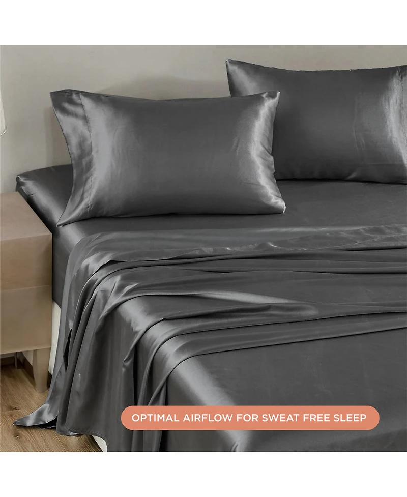 Night Satin Washable Fitted Sheet, Gunmetal Queen