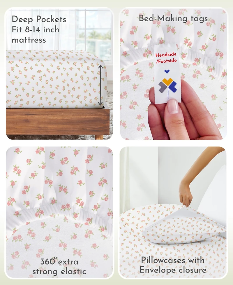 Rose Sheet, Full Bed Sheets Set, Soft 100% Cotton Sateen, 4 Pc Deep Pocket & Pillowcase Set - Vintage