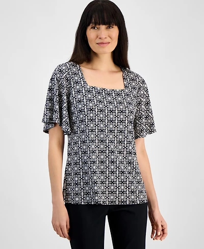 Jm Collection Women's Printed Flutter-Sleeve Square Neck Crepe Top