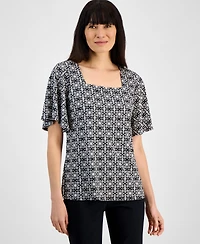 Jm Collection Women's Printed Flutter-Sleeve Square Neck Crepe Top