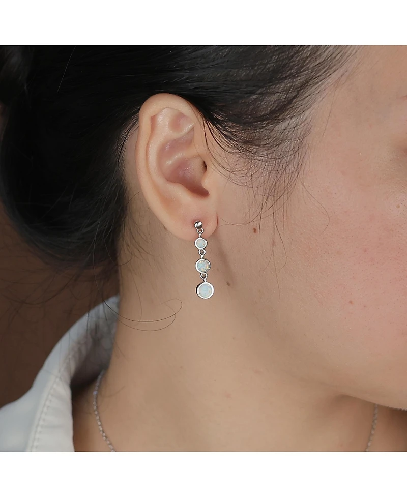 Bling Jewelry Geometric 3 Bezel Round Disc Linear Circle Synthetic Opal Dangle Earrings For Women Sterling Silver