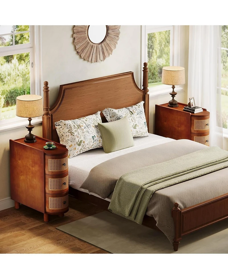 Tribesigns Wood Side End Table Set of 2, 3-Drawer Rattan Side Table, Night Stand with 3 Rattan Drawers and Exquisite Embossed Handles for Living Room,