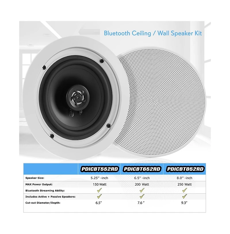 Pyle 5.25" Bluetooth Ceiling / Wall Speaker Kit - 2-Way Flush Mount, Built-in Bluetooth, 150W Max Power (Red)