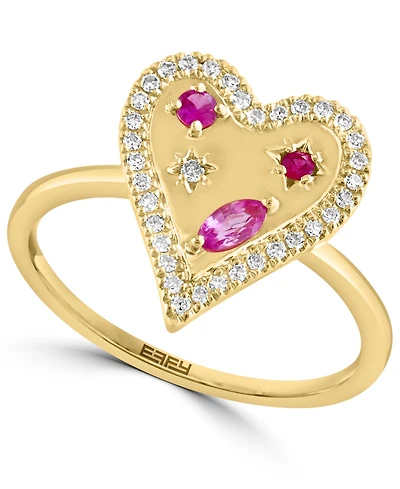 Effy Pink Sapphire (1/4 ct. t.w.), Ruby Accent, & Diamond (1/6 ct. t.w.) Heart Halo Ring in 14k Gold
