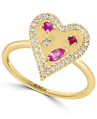 Effy Pink Sapphire (1/4 ct. t.w.), Ruby Accent, & Diamond (1/6 ct. t.w.) Heart Halo Ring in 14k Gold