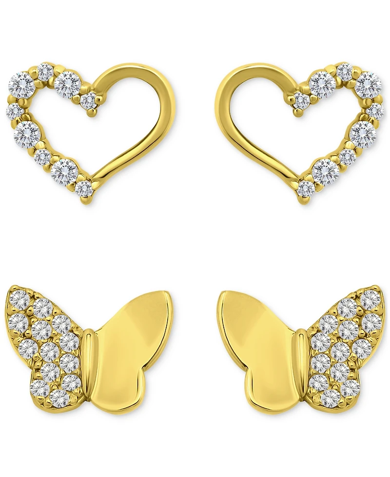 Giani Bernini Cubic Zirconia Heart & Butterfly 2-Pc. Set Stud Earrings (1 ct. t.w.) 18k Gold over Sterling Silver, Exclusively at Macy's
