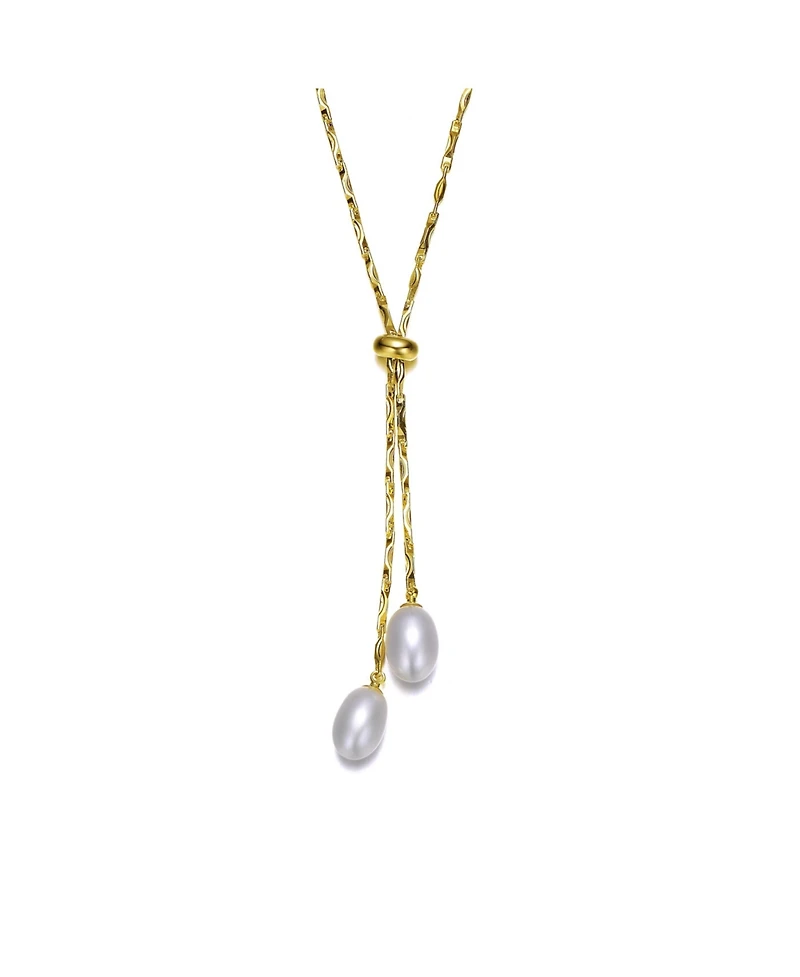 14K Gold Plated Pearl and Cubic Zirconia Y Neck Necklace