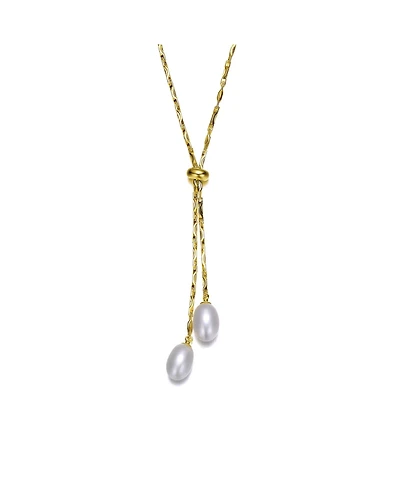 14K Gold Plated Pearl and Cubic Zirconia Y Neck Necklace
