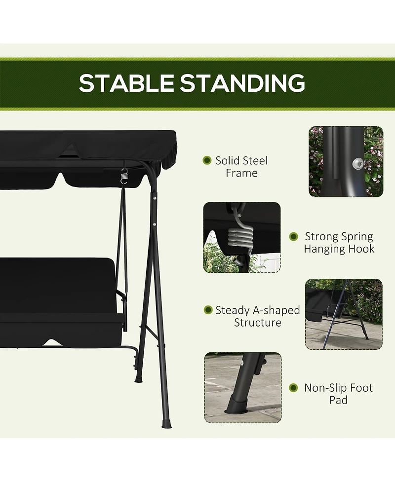 Outsunny 3-Seat Outdoor Patio Swing w/ Canopy & Cushion,