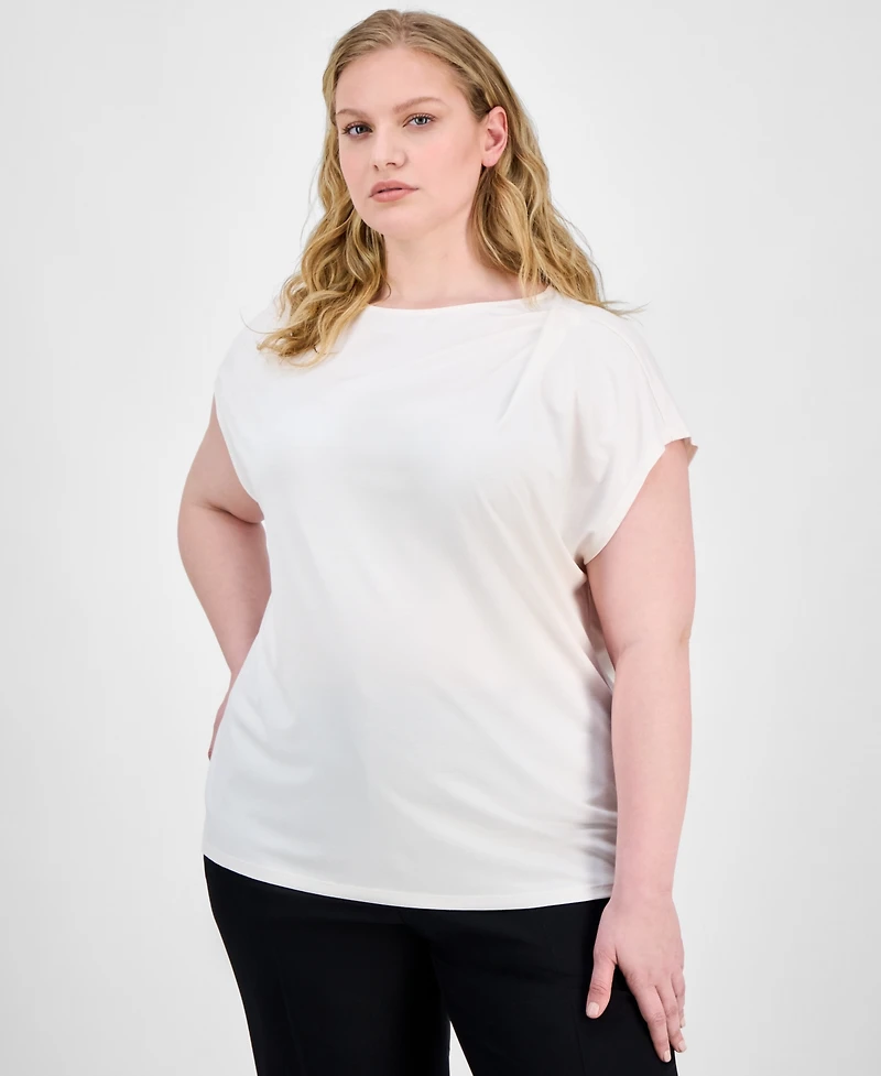 Anne Klein Plus Size Pleat-Neck Short-Sleeve Blouse