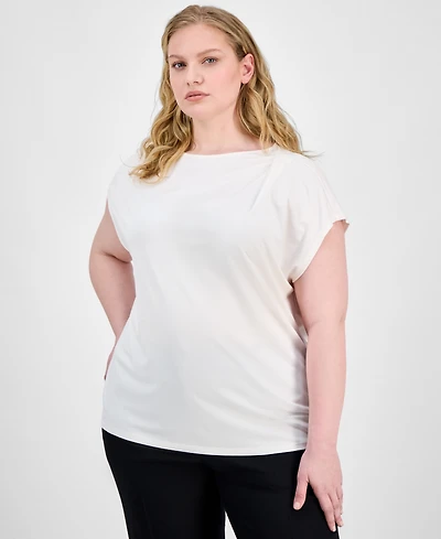 Anne Klein Plus Size Pleat-Neck Short-Sleeve Blouse