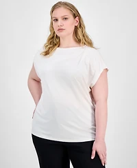 Anne Klein Plus Size Pleat-Neck Short-Sleeve Blouse