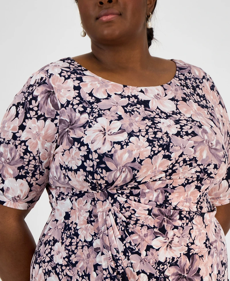 Connected Plus Size Floral-Print Gathered-Waist Dress
