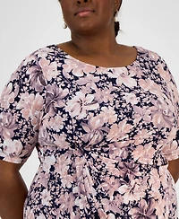 Connected Plus Size Floral-Print Gathered-Waist Dress