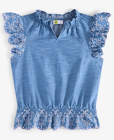 Big Girl Eyelet-Trim Chambray Top, Exclusively at Macy's