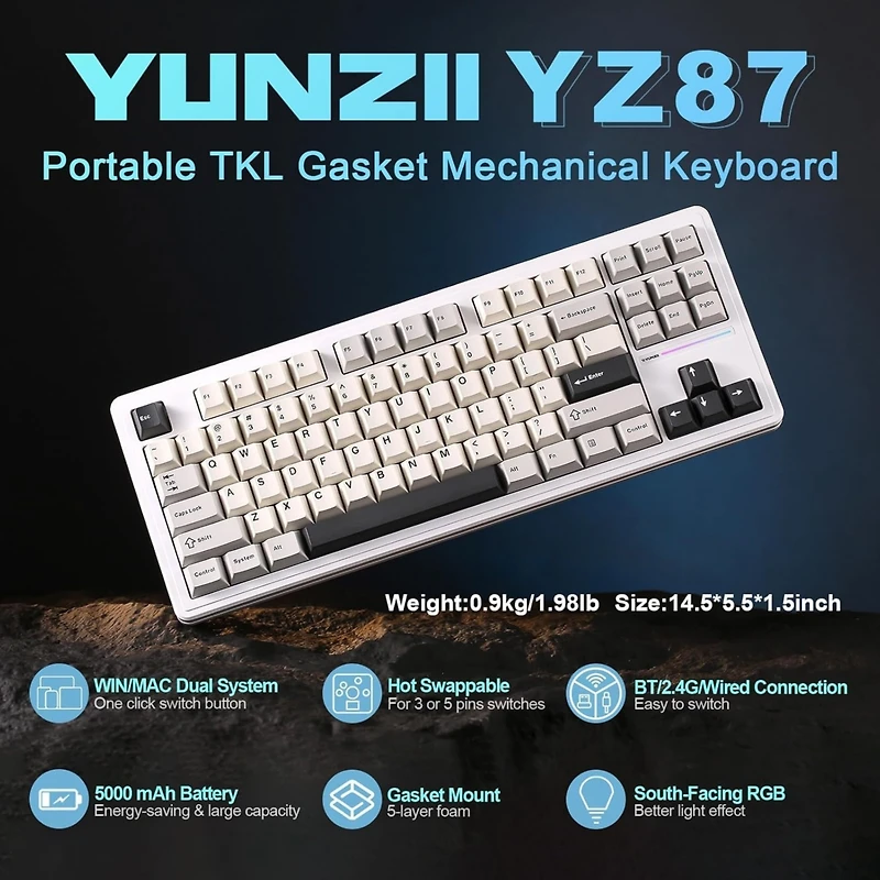 Yunzii YZ87 75% Gasket Mechanical Keyboard, Tkl Wireless Hot Swappable Bluetooth Gaming Keyboard with 4-Layer Padding, BT5.0/2.4Ghz/Type-c Nkro Rgb Ba