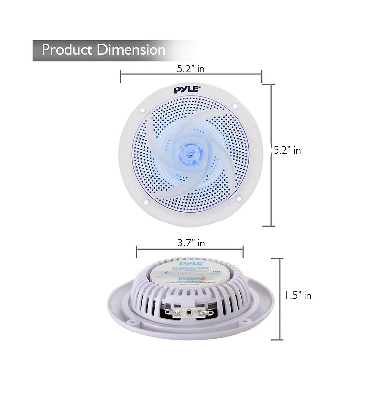 Pyle 6.5'' Low-Profile Marine Speakers with Led Lights, 240W, White