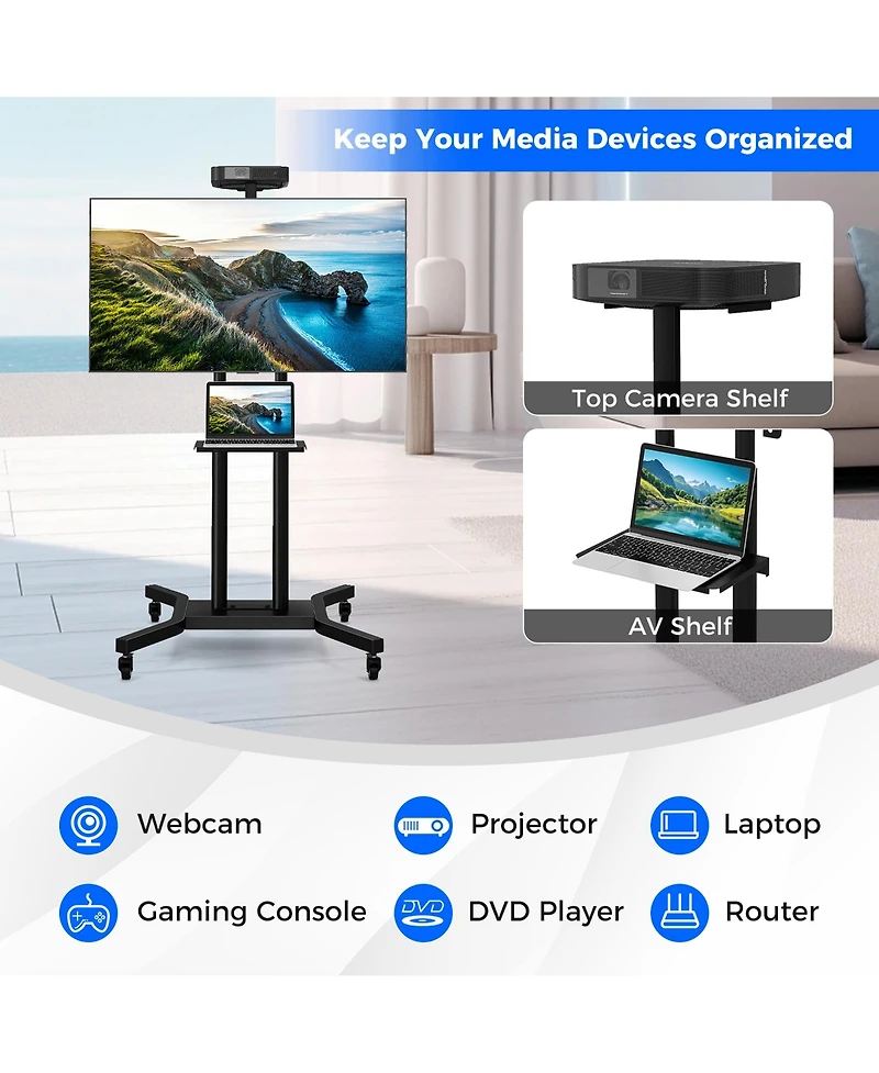 Gymax Mobile Tv Stand for 32-70 inch Flat or Curved TVs up to 110 lbs w/Av Shelf