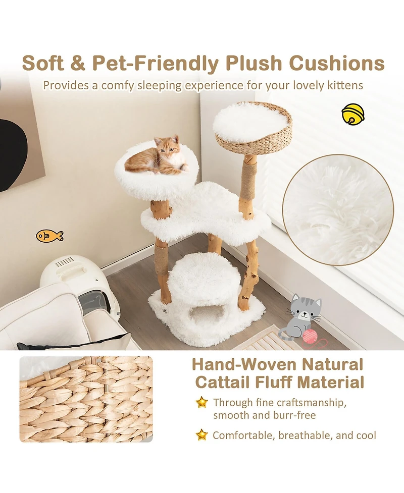 Gymax 49'' Tall Wooden Cat Tree Solid Wood Cat Tower with Jute Scratching Posts