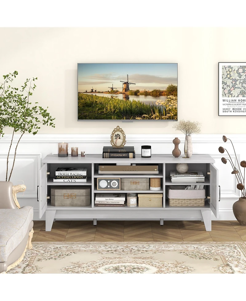 Gymax Farmhouse Tv Stand for TVs Up to 65 Inches w/ 2 Barn Door Cabinets & 4 Shelves