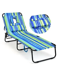Gymax 5-Position Lounge Chair Adjustable Beach Chaise w/ Face Cavity & Pillows