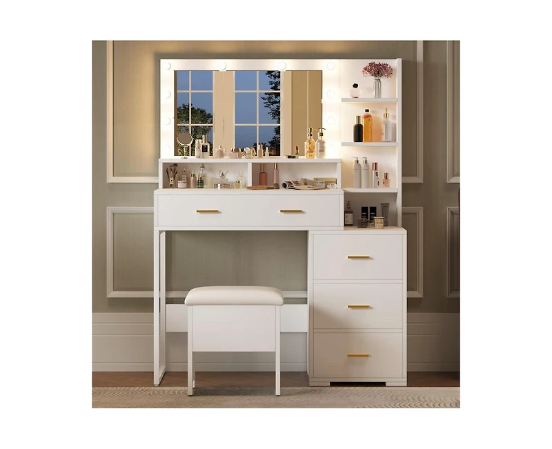 gaomon Vanity Desk, Makeup Vanity Table with Mirror & 9 Led Light Bulbs, 4 Large Drawers and 3 Tiers of Open Shelves for Bedroom
