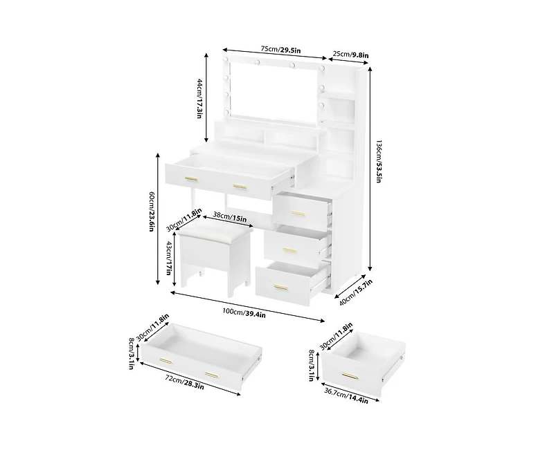 gaomon Vanity Desk, Makeup Vanity Table with Mirror & 9 Led Light Bulbs, 4 Large Drawers and 3 Tiers of Open Shelves for Bedroom