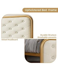 gaomon King Bed Frame with Button Velvet Headboard, Upholstered Tufted Footboard