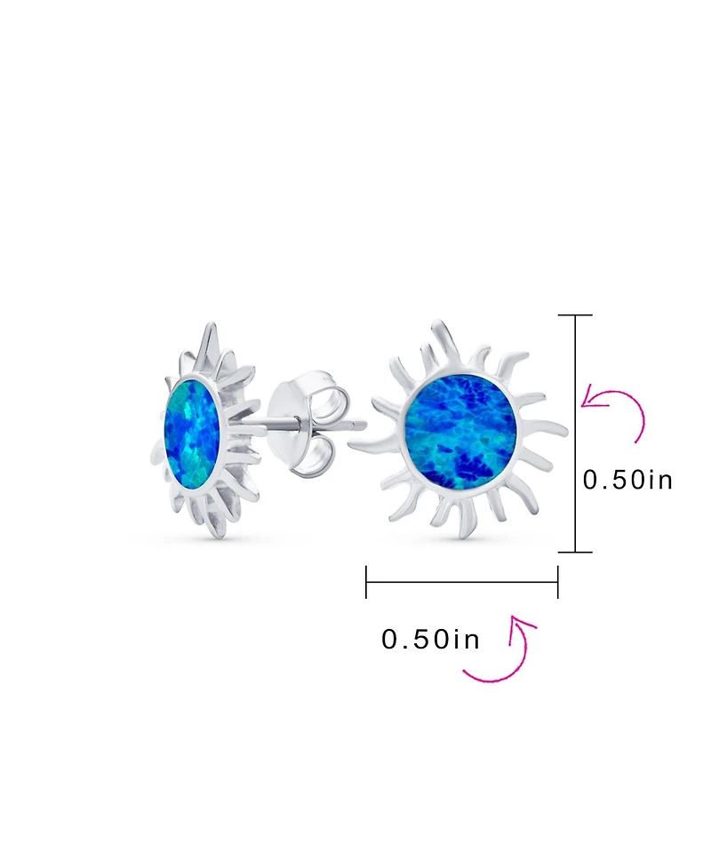 Bling Jewelry Iridescent Celestial Summer Vacation Sun Beach Fun Created Synthetic Blue Mexican Opal Sunburst Stud Earrings .925 Sterling Silver