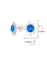Bling Jewelry Iridescent Celestial Summer Vacation Sun Beach Fun Created Synthetic Blue Mexican Opal Sunburst Stud Earrings .925 Sterling Silver