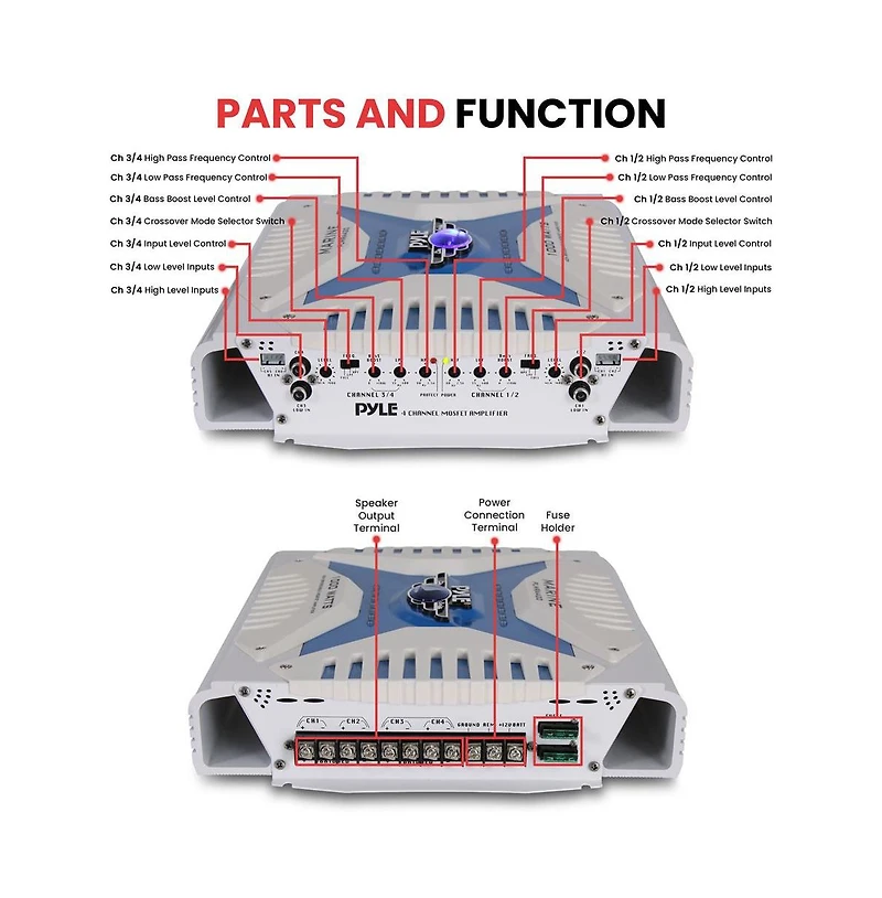 Pyle 4-Channel Marine Amplifier, 1000 Watt, Bridgeable, Waterproof, Elite Series