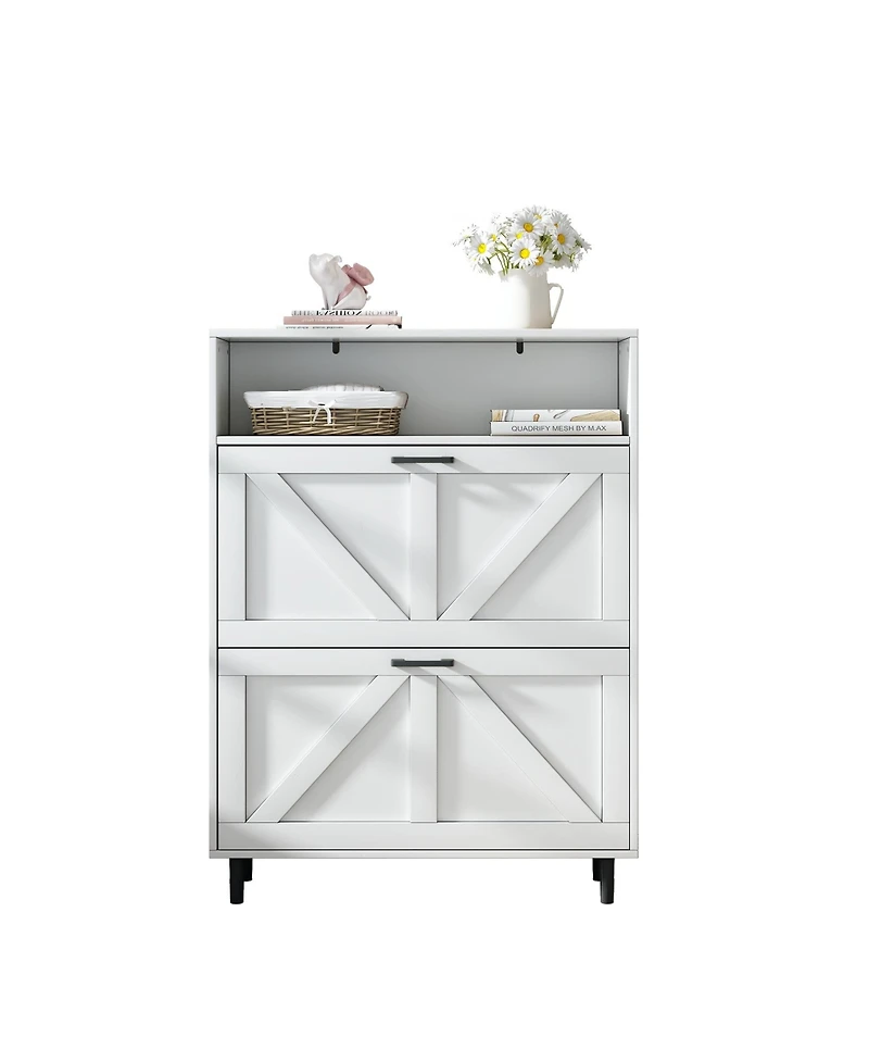 Farmhouse Shoe Storage Cabinet with Barn Door Design, Shoe Organizer with 2 Flip Drawers