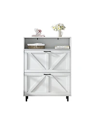 Farmhouse Shoe Storage Cabinet with Barn Door Design, Shoe Organizer with 2 Flip Drawers