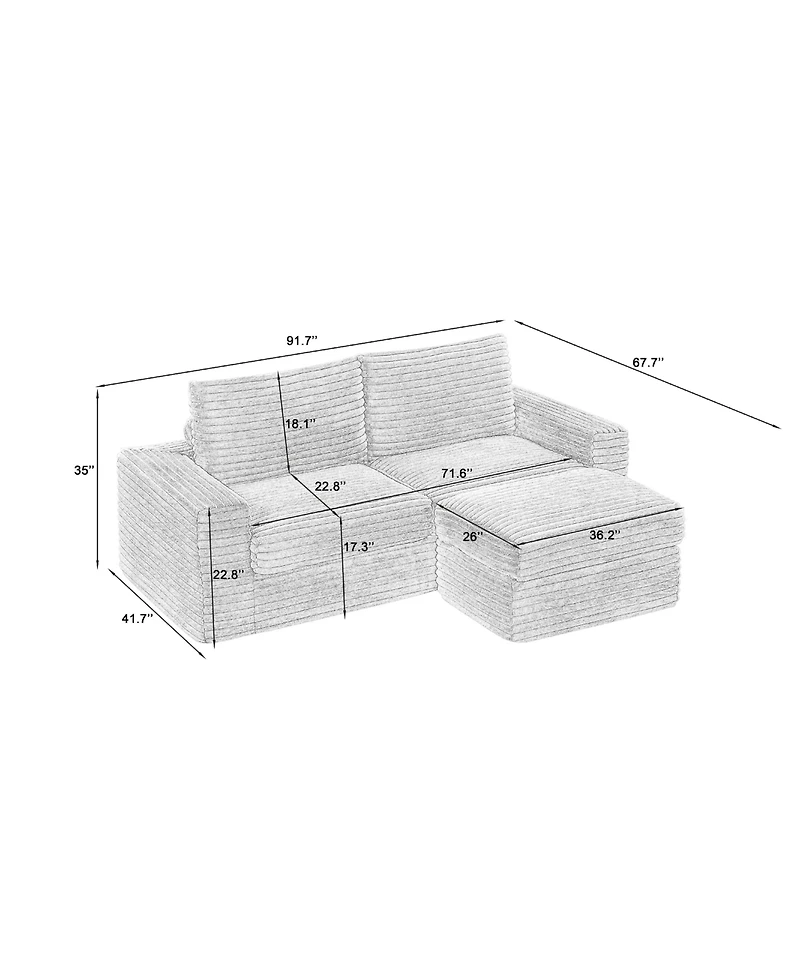 Luxurious Sectional Sofa,Corduroy L-Shaped Couch with Movable Ottoman, Oversized Comfy Couch with Zippered Backrest (Beige)