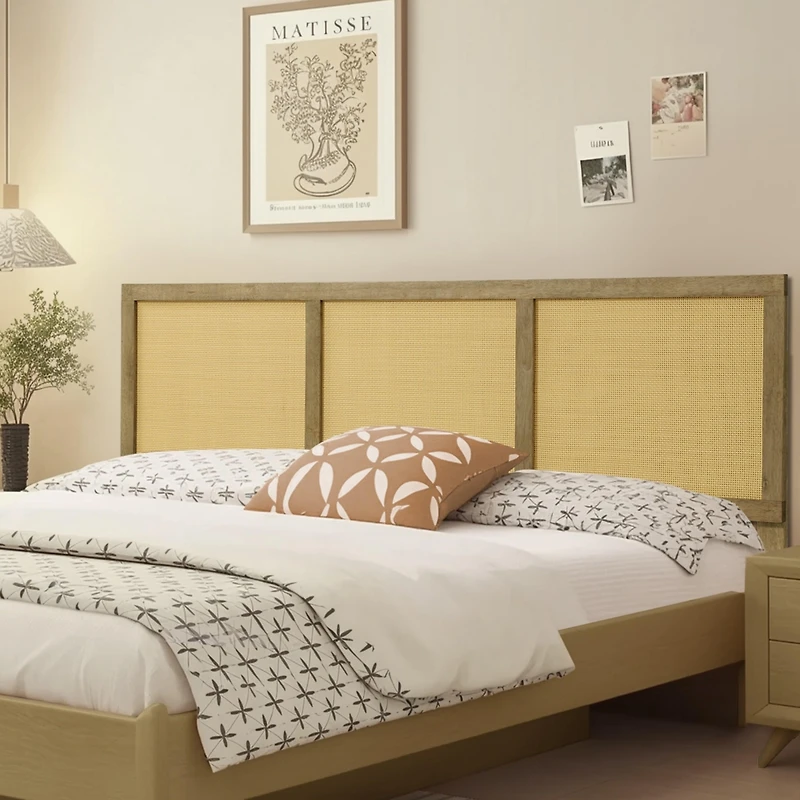 LuxenHome Natural Finish Rubberwood with Rattan Panels Headboard