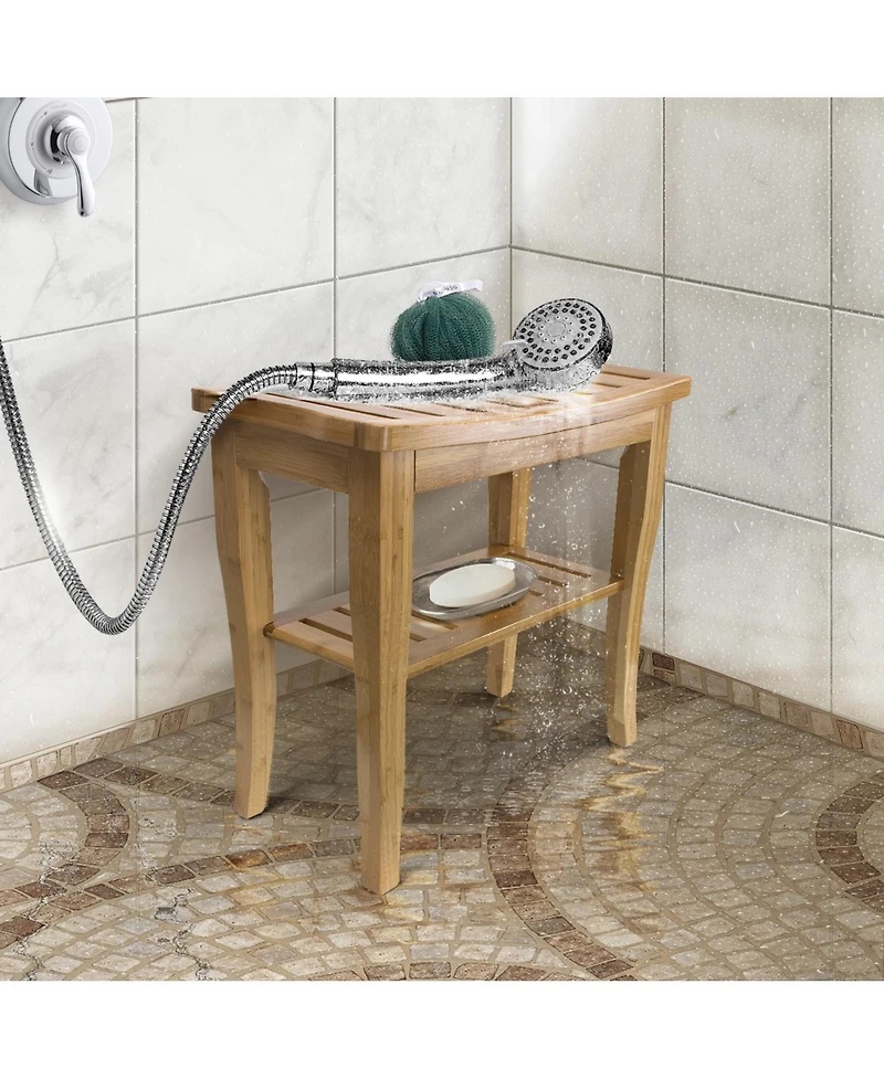 Sorbus Bamboo Shower Bench Stool with Shelf - 2-Tier Wood Storage & Seating for Bathroom, Shower Bench Chair, Bath Stool, Spa Sauna Seat