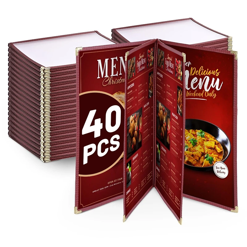 WeChef 40 Pack Menu Covers 8.5"x14" 8 Views Book Style Cafe Restaurant Burgundy