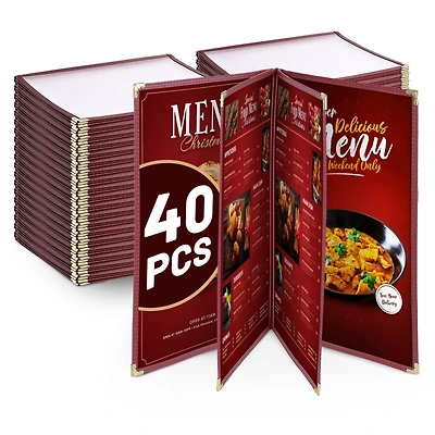 WeChef 40 Pack Menu Covers 8.5"x14" 8 Views Book Style Cafe Restaurant Burgundy